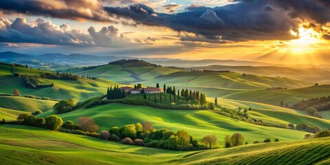 Golden Hour in Tuscany Rolling Hills and a Sun-Kissed Sky, Landscape Photography, Sunset, Tuscany, Italy