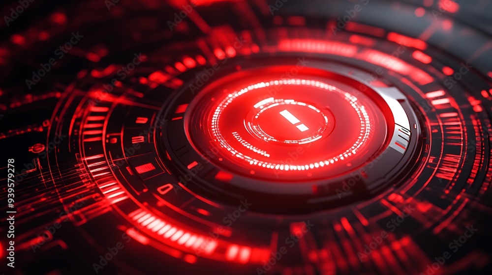 Poster futuristic high-tech alarm system with digital alerts and red light effects on metallic background -