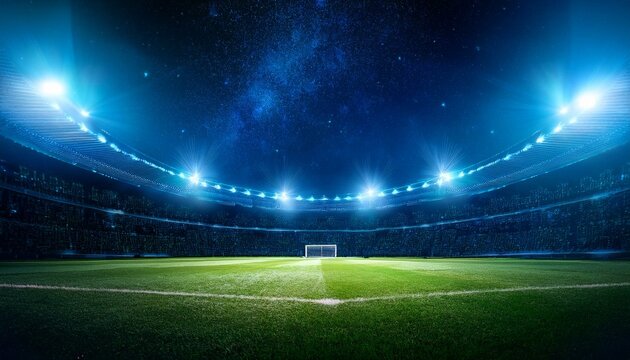 beautiful sports stadium with a green grass field shines with blue spotlights at night with stars. Sports tournament, world championship