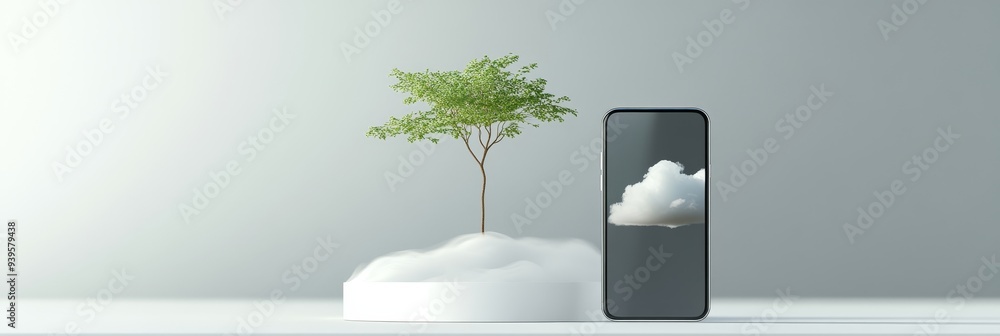 Poster a creative mobile phone design featuring a minimalist cloud and tree. the phone's screen displays a 