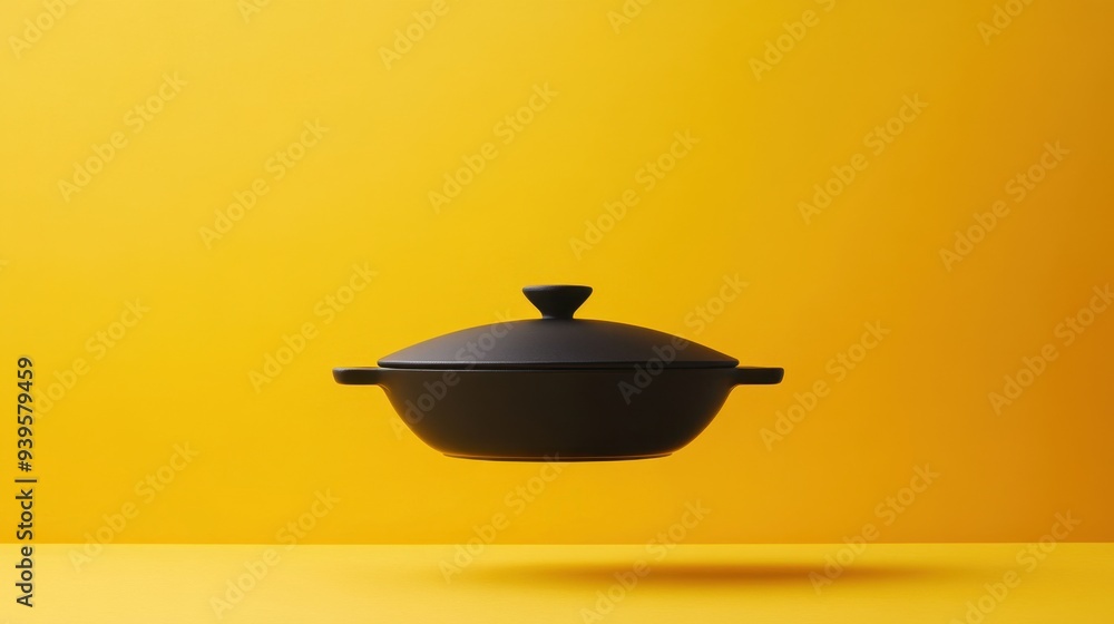 Wall mural a sleek black dish with a lid suspended in mid-air above a vibrant yellow background, highlighting a