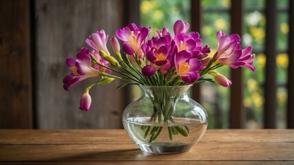 stock photography freesia flower in a beautiful vase with a background of wooden table