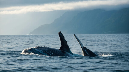 Naklejka premium A humpback whale breaches the ocean, displaying its massive body as water cascades off its fins