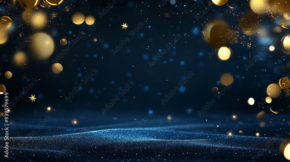 Poster a dark blue abstract background with a wave of shimmering particles and falling golden stars. the bo