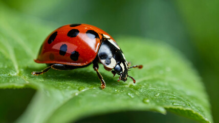 A bright red ladybug on a green leaf covered with dew drops