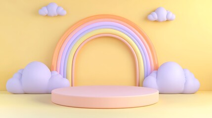 Dreamy 3D Podium with Rainbow Arch in Cartoon Style for Product Presentation Mock-up on Pastel Peach Tone Background