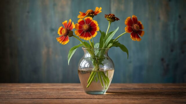 stock photography helenium flower in a beautiful vase with a background of wooden table