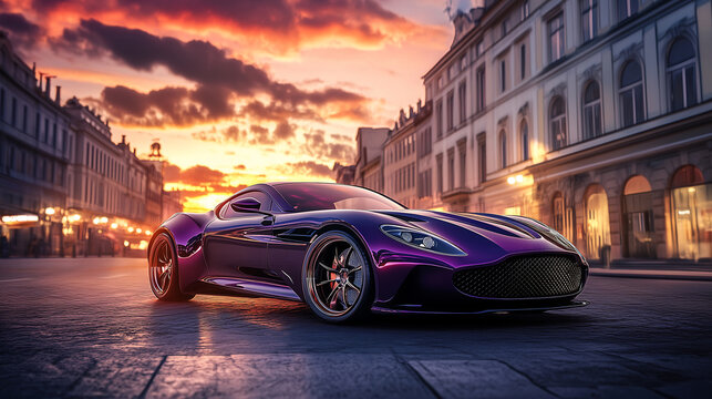 sleek purple sports car in urban street setting at sunset reflecting vibrant lights combining elegance power and modern design with dynamic presence