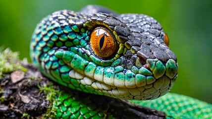 A close-up of a brightly colored pit viper with vivid orange eyes
