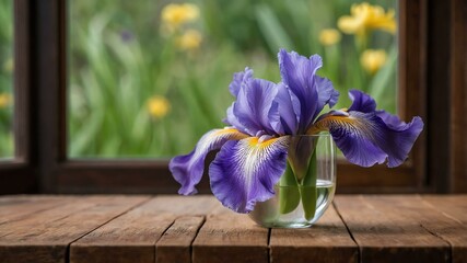 stock photography iris flower in a beautiful vase with a background of wooden table