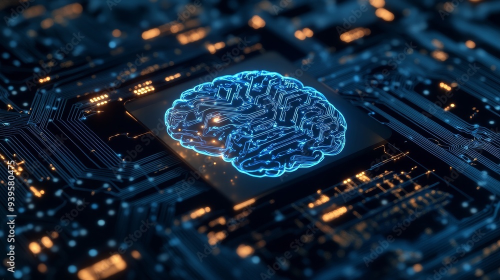Poster a digital of a human brain on a computer circuit board, symbolizing the convergence of artificial in