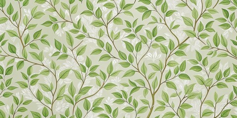 Green Leaves and Branches on Light Green Background, floral pattern , green leaf , botanical , nature