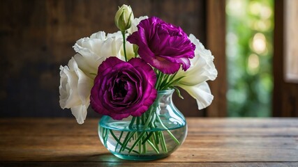 stock photography lisianthus flower in a beautiful vase with a background of wooden table