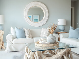 Serene Coastal Living Room with Circular White Wooden Picture Frame on Soft Gray Wall