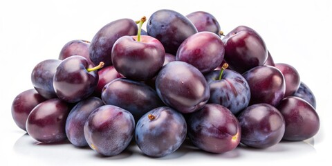 Fototapeta premium Heap of Fresh Plums Isolated on White, fruit , plums , organic , ripe