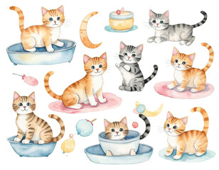 Obraz premium Watercolor Illustration of Adorable Kittens with Playful Accessories.