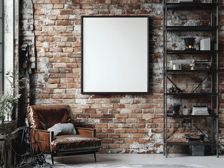 Modern Industrial Home Decor with Square Black Metal Picture Frame on Brick Red Wall
