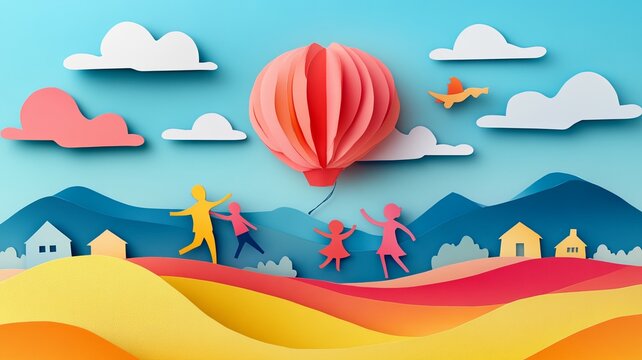 concept of happy family having fun .paper art style.