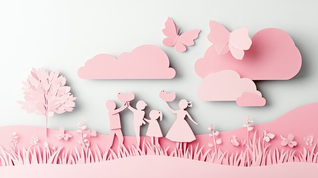 concept of happy family having fun .paper art style.