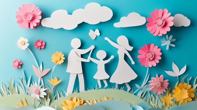 concept of happy family having fun .paper art style.