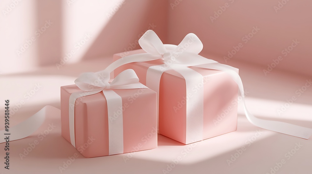 Poster elegant pink gift boxes with white ribbon in minimal studio setting - 3d render concept