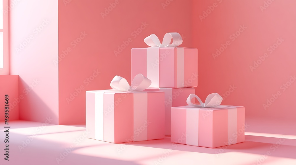 Poster elegant pink gift cubes with white ribbon in minimal studio setting - 3d rendering with soft light a