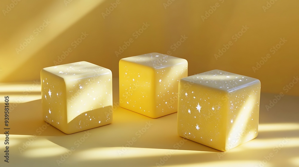 Poster festive 3d rendering of yellow cubes with silver star pattern in soft light and shadow
