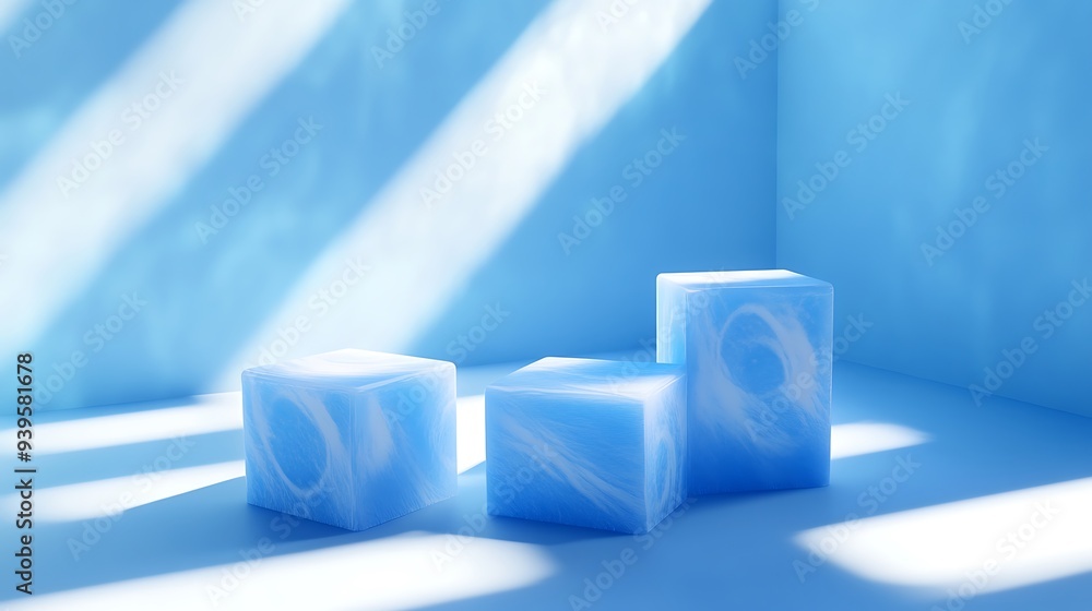 Aufkleber refreshing blue cubes with white swirls on minimalistic background - 3d rendering with soft cobalt p