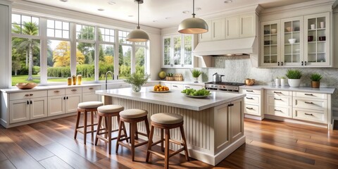 Kitchen Island with White Cabinets and Stools, Landscape View Through Windows, White Cabinets and Natural Light, Hardwood Floors, Kitchen Design , kitchen , interior