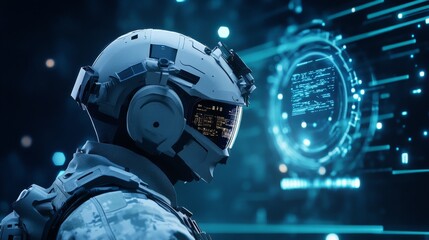 A futuristic soldier in advanced combat gear with a HUD display, showcasing the integration of technology and warfare in a future setting. The soldier's helmet features a digital display with intricat