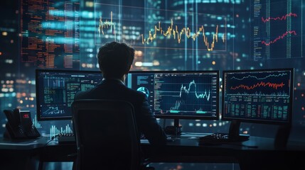 A financial analyst using AI-powered tools to analyze market trends, representing the use of AI in finance.