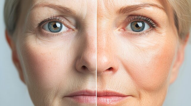 A woman's face is displayed side by side, highlighting significant differences in skin texture and appearance, showcasing the positive effects of a skincare routine over time