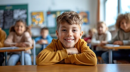 cute schoolboy sitting at the desk, smiling, looking at the camera during the lesson