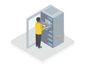 Data center isometric illustration. Data center worker with servers. Data storage concept.