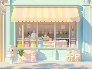 Pastel-Colored Candy Shop Delights with Sweet 3D Scene of Sugary Treats and Charming Storefront