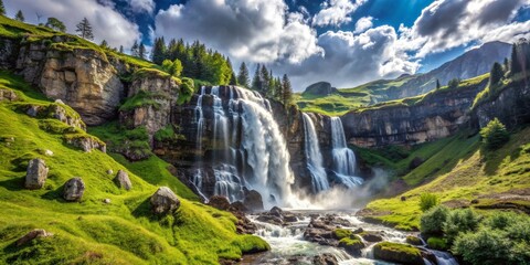Majestic Waterfall Cascading Through Lush Green Hills, Landscape Photography, Wide Shot, Waterfall, Nature, Mountains, Clouds