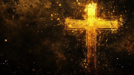 Golden Christian cross splattered with radiant paint, set against a dark, dramatic background with spiritual and artistic flair.
