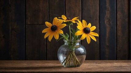 stock photography rudbeckia blackeyed susan flower in a beautiful vase with a background of wooden table