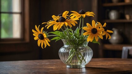 stock photography rudbeckia blackeyed susan flower in a beautiful vase with a background of wooden table
