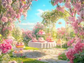 Enchanting Pastel Tea Party in a Blooming Garden - 3D Scene with Teacups, Cakes, and Flowers under Blue Sky