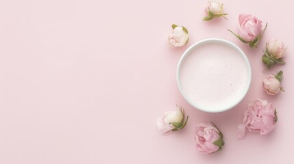 Fototapeta premium Top view of rose milk tea with a delicate foam, accompanied by a pink rose on a pastel background, perfect for a calming and refreshing aesthetic.
