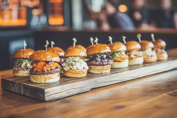 Mini burgers on wooden board.