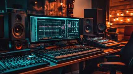 Music production studio with digital audio workstation and monitors