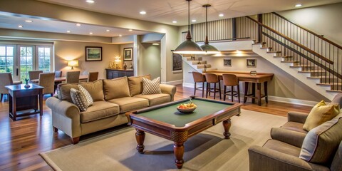 Modern Basement Game Room with Pool Table and Staircase, Interior Design, Home Decor, Basement Design, Pool Table, Game Room