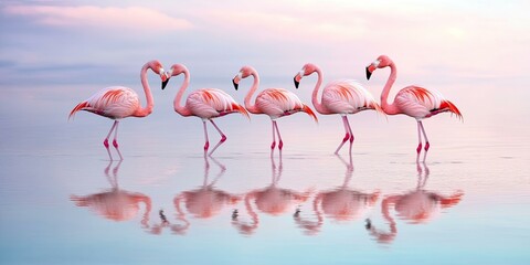 Naklejka premium Five pink flamingos wading in water.