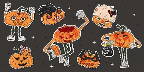 A set of stickers in the form of pumpkin characters for Halloween