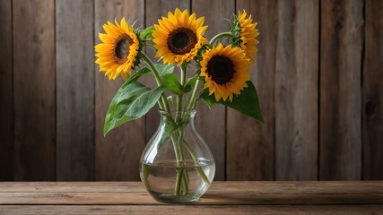 stock photography sunflower flower in a beautiful vase with a background of wooden table