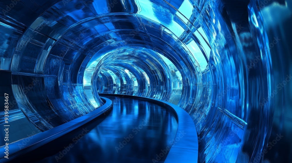 Poster a mesmerizing abstract image of a blue tunnel, symbolizing the path to the future, innovation, techn