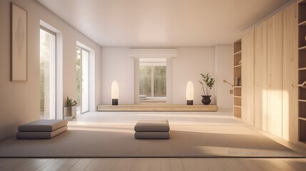A sleek and minimalist yoga studio with serene, calming ambiance





