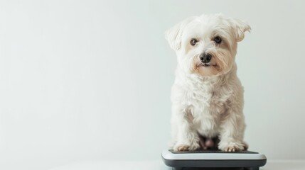 Cute white dog standing on weight scales.